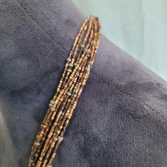 Silver Tone Brown Glass Seed Bead Multi Strand Fashion Necklace 20"+3" - Picture 3 of 10